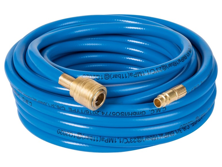 Ein blauer Luftschlauch mit Messingkupplung.