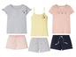 Pyjamas mit kurzen Hosen, T-Shirt und Tanktop mit fruchtigem Druck.