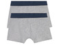 Zwei graue Boxershorts mit blauen Streifen.