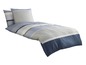 Ein Bettwäsche-Set mit Kissenbezügen in einem gestreiften Design in Blau- und Grautönen.