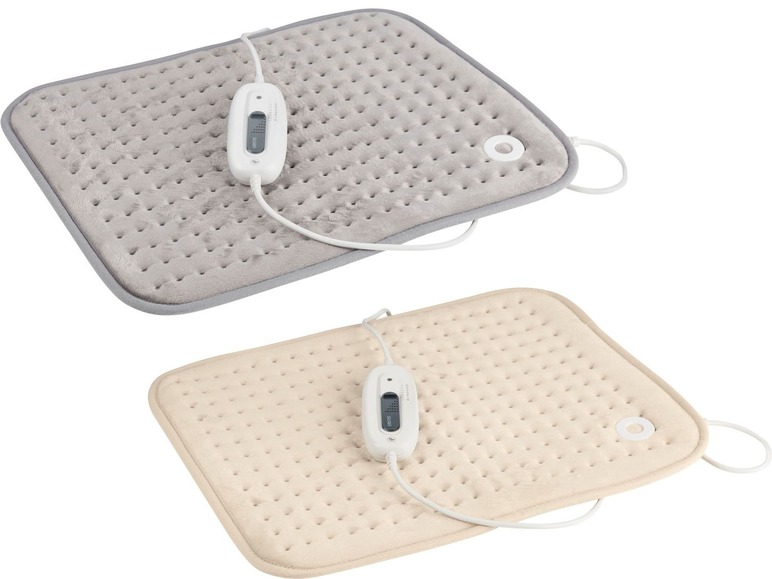 Zwei beheizte Unterlagen in Grau und Beige mit Kabel und Thermostat.