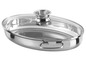 Ovale Bratpfanne aus Edelstahl mit Glasdeckel.