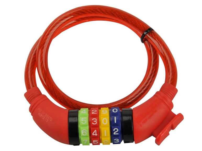 Ein rotes Fahrradschloss mit Zahlenkombination.