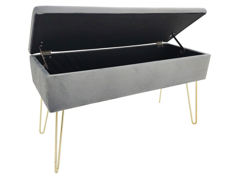 Grauer Samt-Hocker mit Stauraum und goldenen Beinen.