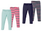 Vier Leggings für Mädchen: zwei unifarben, eine gestreift und eine gemustert.