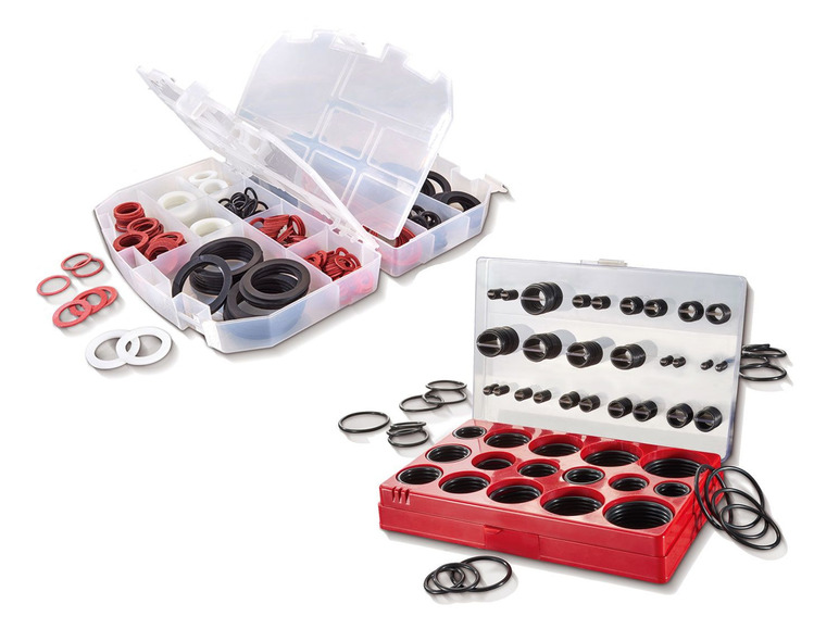 Sortiment an O-Ringen in verschiedenen Größen und Farben in Aufbewahrungsboxen.
