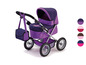 Ein lila Puppenwagen mit einer passenden Tasche.