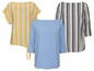Drei gestreifte Blusen: Gelb, Blau und Grau.