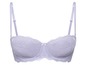 Lilafarbener, trägerloser BH mit Spitze.