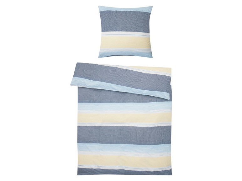 Bettwäsche mit Streifenmuster in Blau und Gelb.