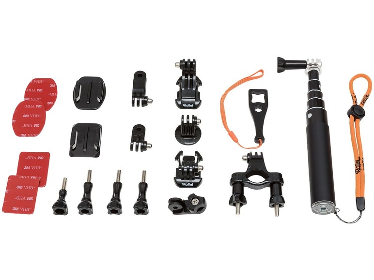 Ein Rollei Selfie-Stick mit GoPro-Zubehör, darunter Halterungen und 3M-Klebepads.