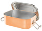 Eine geöffnete Edelstahl-Lunchbox mit kupferfarbener Außenseite.