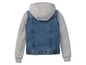 Eine Jeansjacke mit Kapuze und grauen Ärmeln.