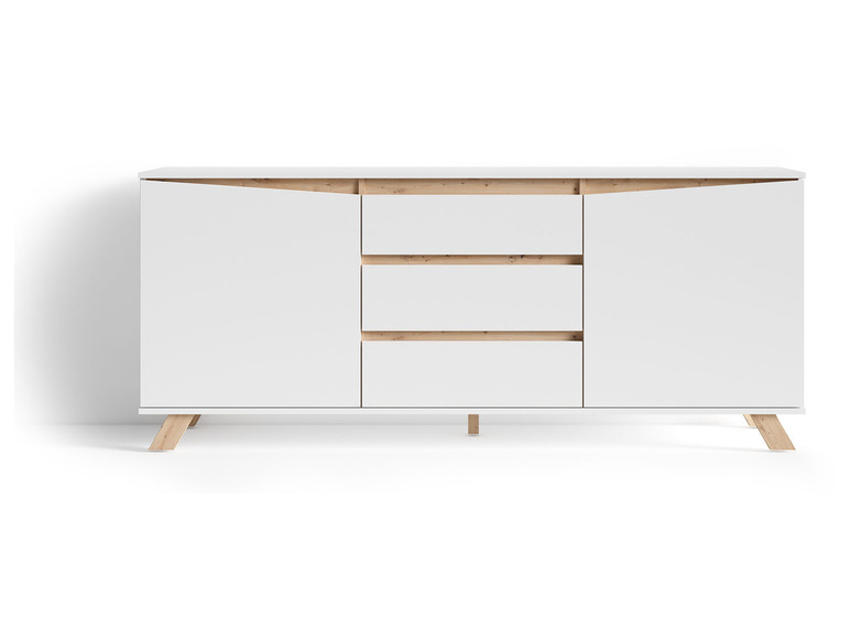 Weißer Sideboard mit zwei Türen und drei Schubladen.