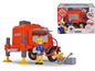 Ein rotes Feuerwehrauto mit einer Feuerwehrmann Sam Figur und Zubehör von Simba.