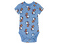 Ein blauer Baby-Strampler mit Snoopy-Motiv.