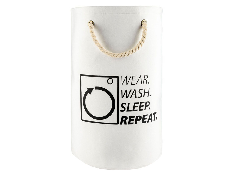 Weißer Wäschekorb mit Seilgriffen und dem Spruch 'Wear. Wash. Sleep. Repeat.'