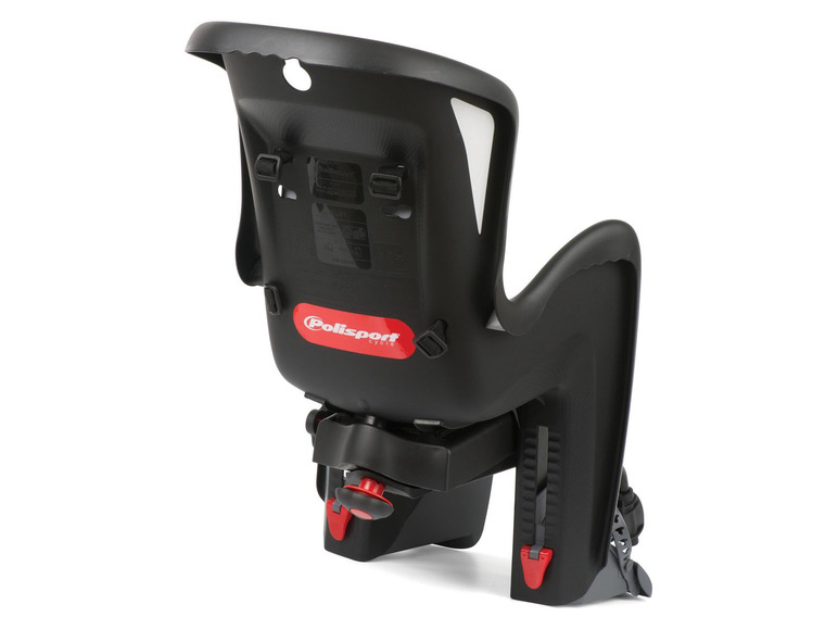 Ein schwarzer Polisport Kindersitz für Fahrräder.