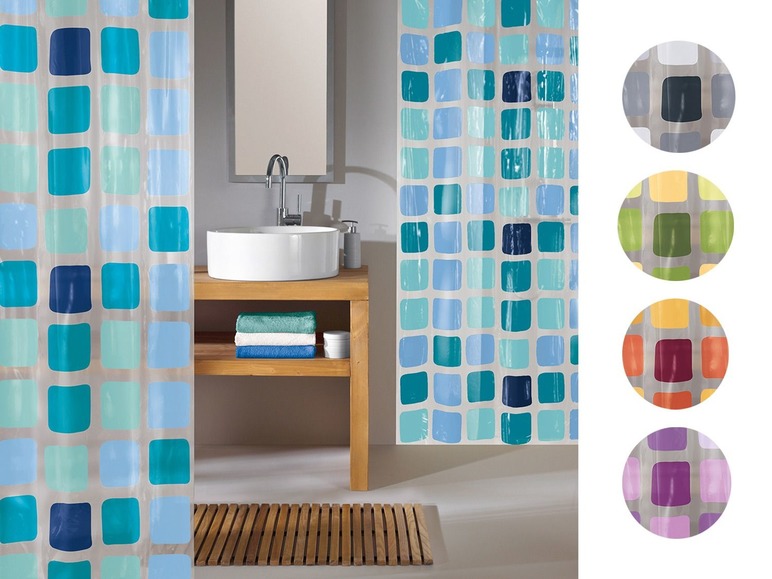 Duschvorhang mit geometrischem Muster in verschiedenen Farben.