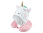 Ein rosafarbenes Einhorn-Nackenkissen mit einer weißen Kapuze.