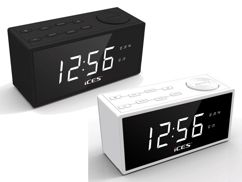 Zwei digitale Wecker von ICES in Schwarz und Weiß.