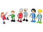 Sechs Playmobil-Puppen: Mann, Frau, Opa, Oma, Junge und Mädchen.