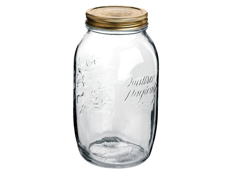 Ein Glasgefäß mit  goldenem Deckel, geeignet für die Aufbewahrung von Lebensmitteln.