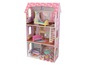 Ein rosa Holzpuppenhaus mit Schlafzimmer, Wohnzimmer, Küche und Badezimmer.