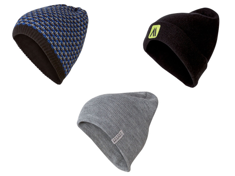Drei Strickmützen: eine mit blauem und grauem Muster, eine schwarze und eine graue mit dem Label 'Wavy Knit'.