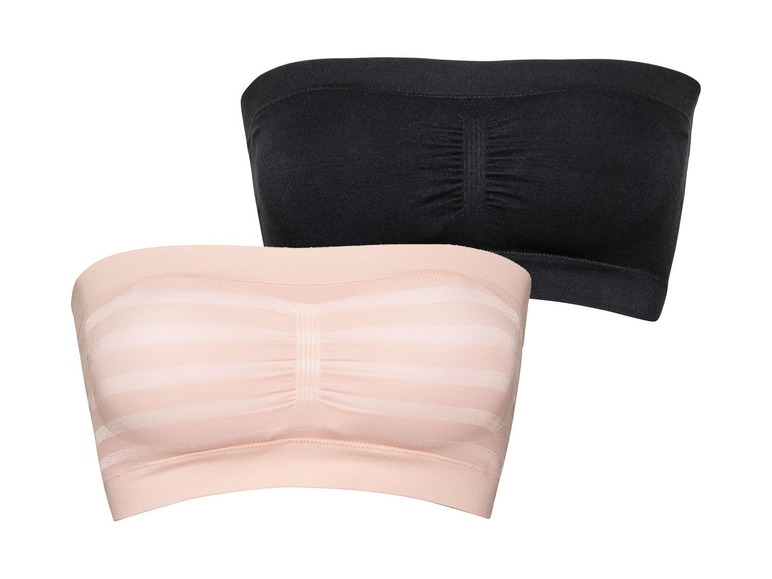 Zwei trägerlose BHs, einer schwarz und einer rosa mit Streifen.