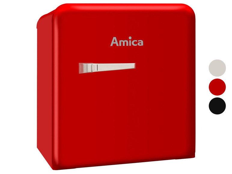 Ein roter Amica-Minikühlschrank.