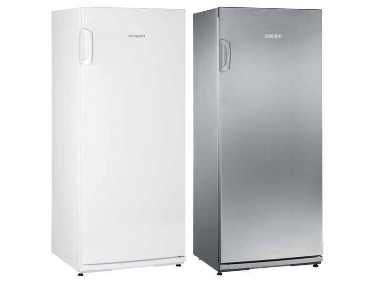 Zwei Severin Kühlschränke, einer in weiß und einer in Edelstahl.