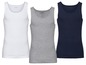 Drei basic Tanktops von Livergy in weiß, grau und dunkelblau.