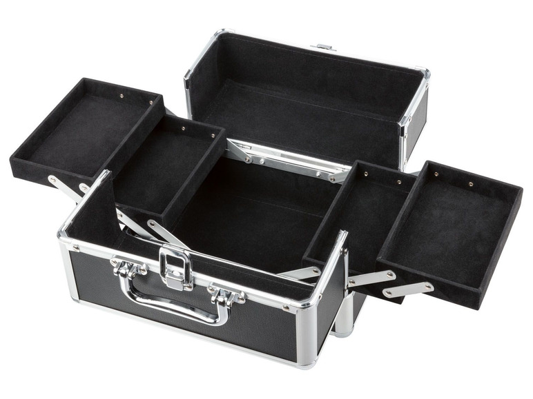 Eine schwarze Kosmetiktasche mit mehreren Fächern.