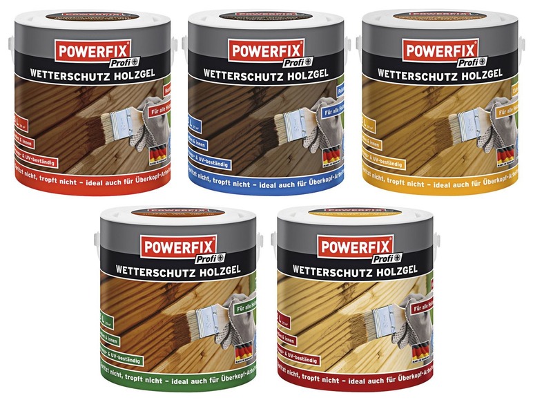 Fünf Dosen Powerfix Profi+ Holzgel für Wetterschutz.