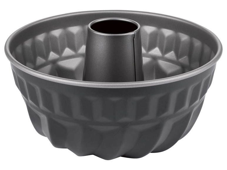 Graue Gugelhupfform mit Loch in der Mitte.