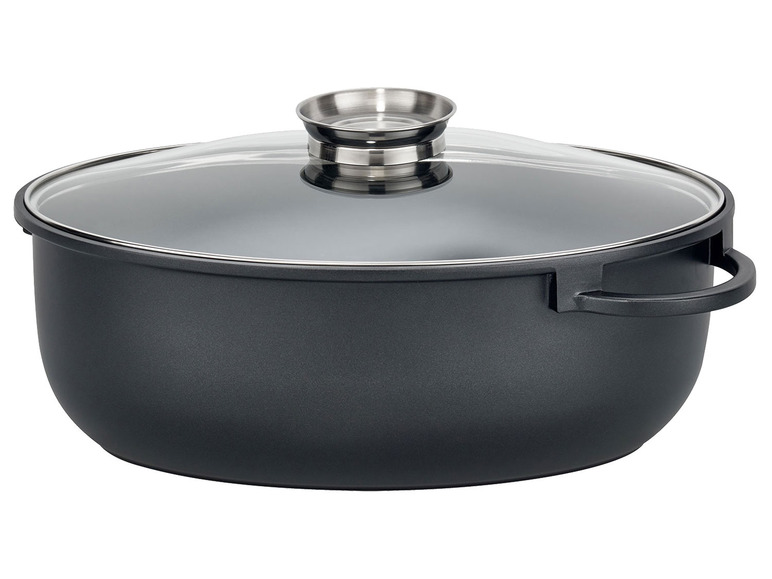 Ein schwarzer Topf mit Glasdeckel.