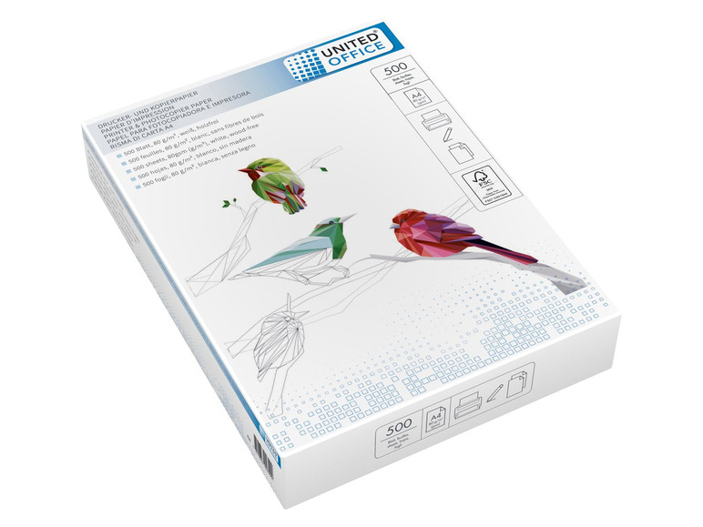 Packung mit 500 Blatt A4-Papier von United Office, 80 g/m², weiß, holzfrei.