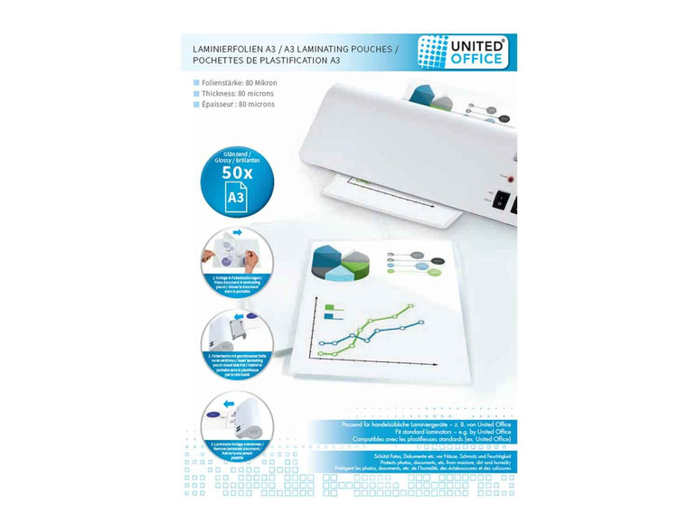 A3 Laminierfolien, 80 Mikron, glänzend, 50 Stück, geeignet für Laminiergeräte von United Office.