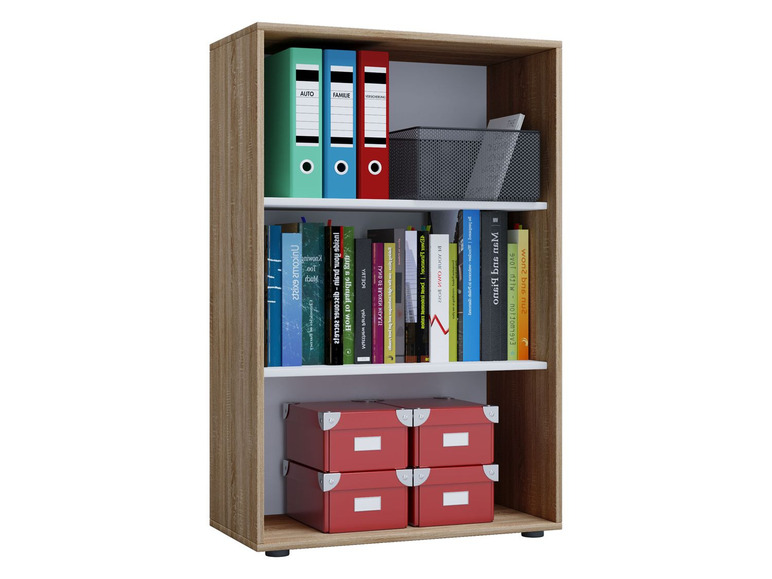 Ein Bücherregal mit Ringordnern, Büchern und Aufbewahrungsboxen.