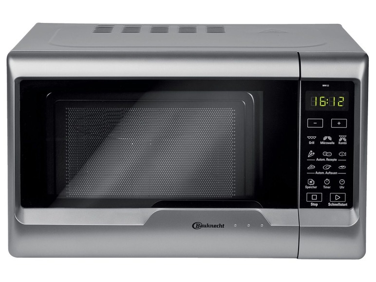 Ein silberner Bauknecht Mikrowellenherd mit Grill, Mikrowelle und Kombifunktion.