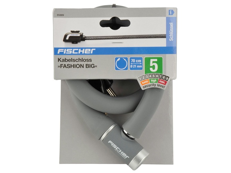 Ein graues Fischer Kabelschloss mit Sicherheitsstufe 5.
