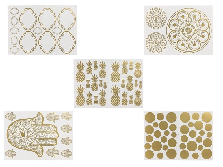 Goldene Aufkleber mit Ananas, Mandalas, Hamsa-Händen und Kreisen.