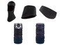 Eine schwarze Sturmhaube, ein schwarzes Fleece-Stirnband und zwei Fleece-Schlauchschals.