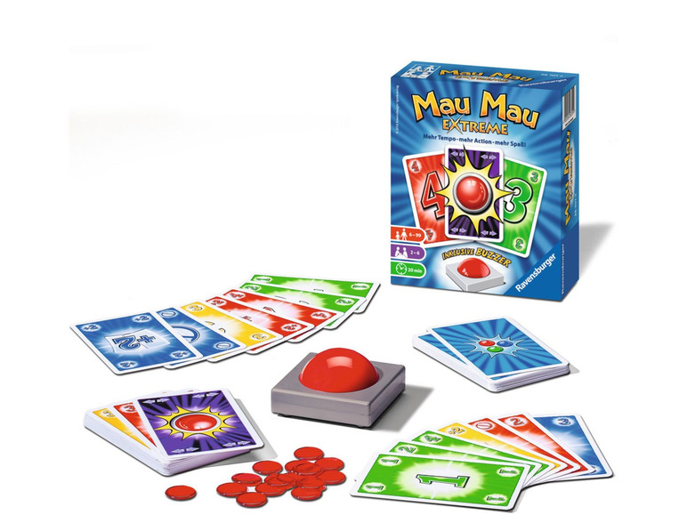 Ravensburger Mau Mau Extreme Kartenspiel mit Buzzer.