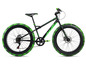 Schwarzes Fatbike mit grünen Details.