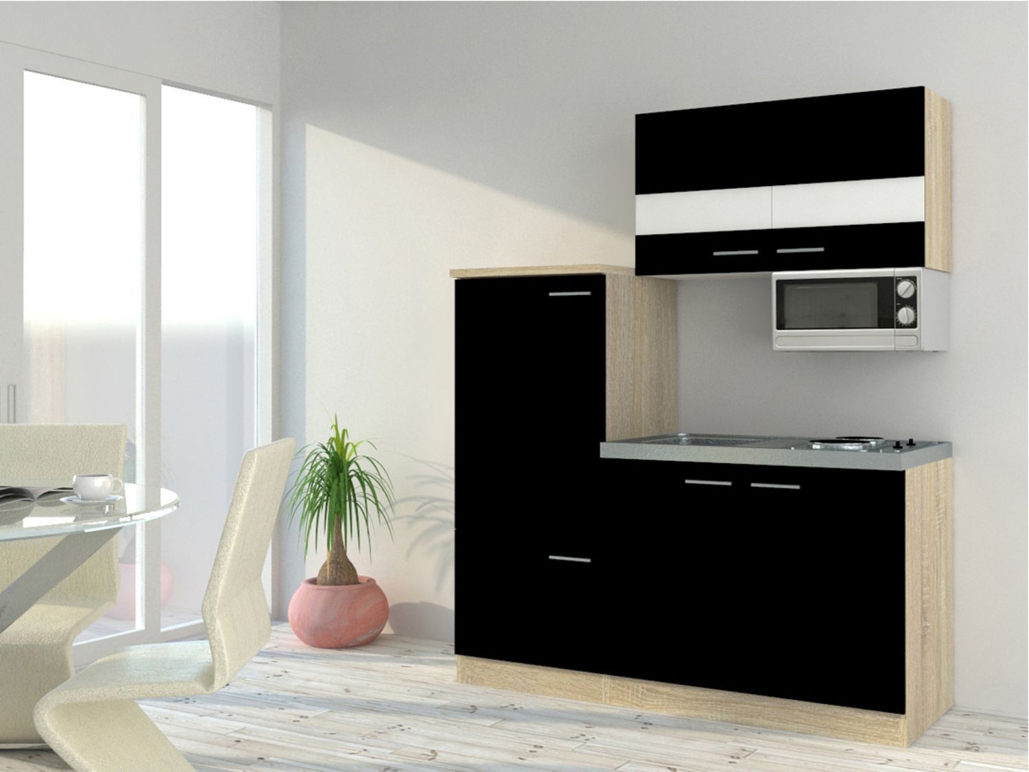 Respekta Singleküche Eiche Sonoma Sägerau 150/160/180cm (mit Mikrowelle, schwarz mit Kochmulde, Breite 160cm) | 04260641222629