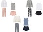 Pyjamas mit langen und kurzen Hosen, Tops und Pullovern für Mädchen.