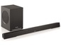 Ein schwarzer Soundbar und Subwoofer von Grundig.