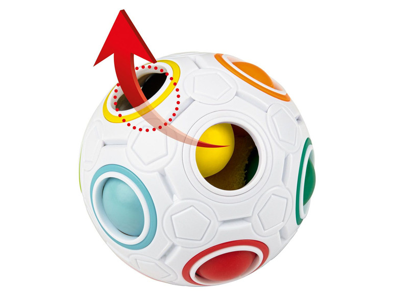 Eine weiße Puzzle-Kugel mit farbigen Teilen.